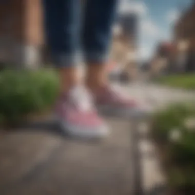 Person wearing Vans floral checkerboard shoes in an urban setting