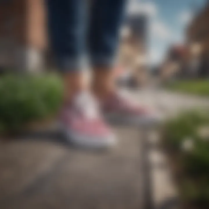 Person wearing Vans floral checkerboard shoes in an urban setting