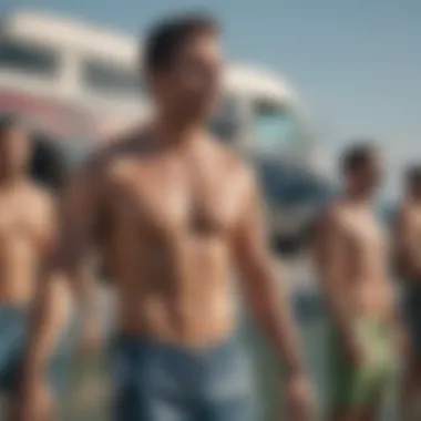 Group of diverse individuals enjoying water sports in Vans swim trunks