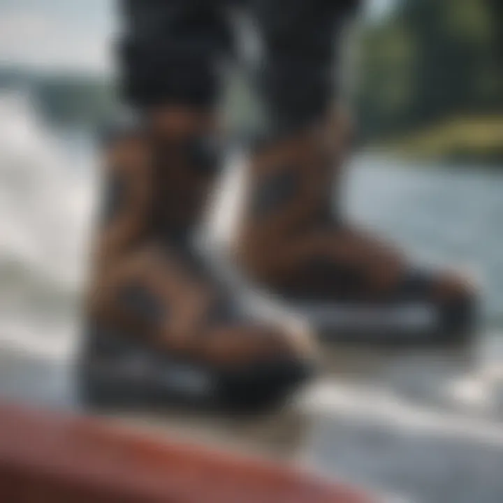 Close-up of boots securely fastened to a wakeboard