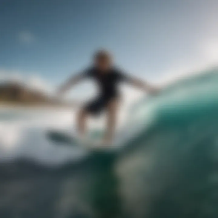 Action shot of a skimboarder performing a technique on a Wavestorm skimboard.