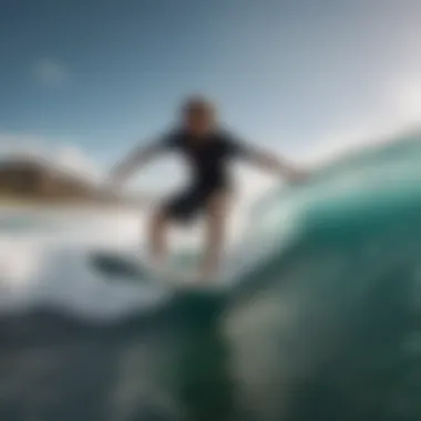 Technique in Action with Wavestorm Skimboards Action shot of a skimboarder performing a technique on a Wavestorm skimboard.
