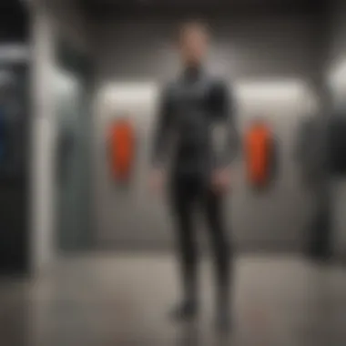 Wetsuit Fit Assessment An athlete testing wetsuit fit in a fitting room