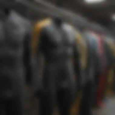 Variety of Wetsuit Styles Different styles of wetsuits displayed on hangers