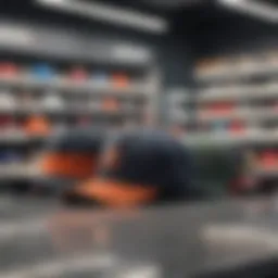 A stylish assortment of dad hats displayed on a retail shelf, showcasing various colors and styles.