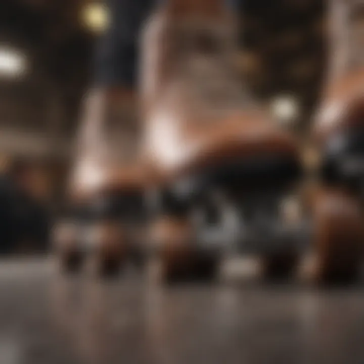 A close-up view of quad roller skates showcasing their design
