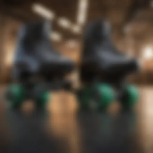 A stylish pair of quad roller skates on display