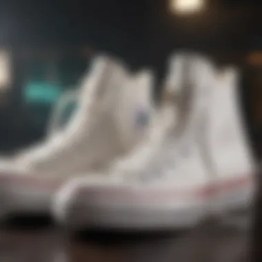 A collection of white high-top Converse sneakers displayed creatively