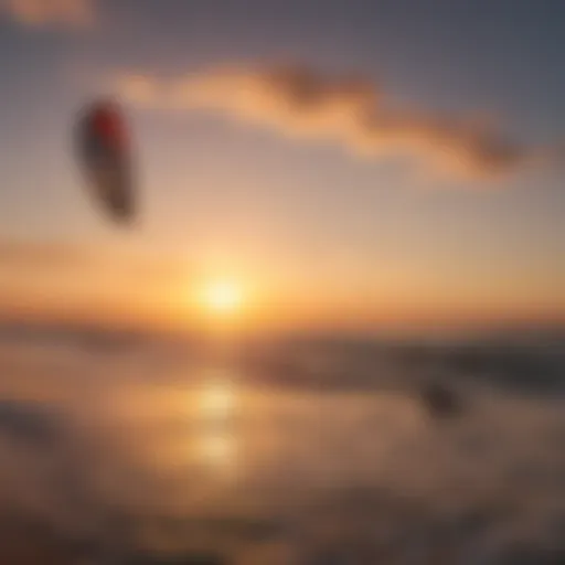 A vibrant wing kitesurfing session at sunset